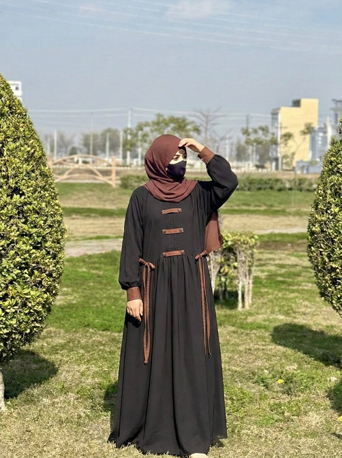 Black & Chocolate Brown Tone Contrast Abaya