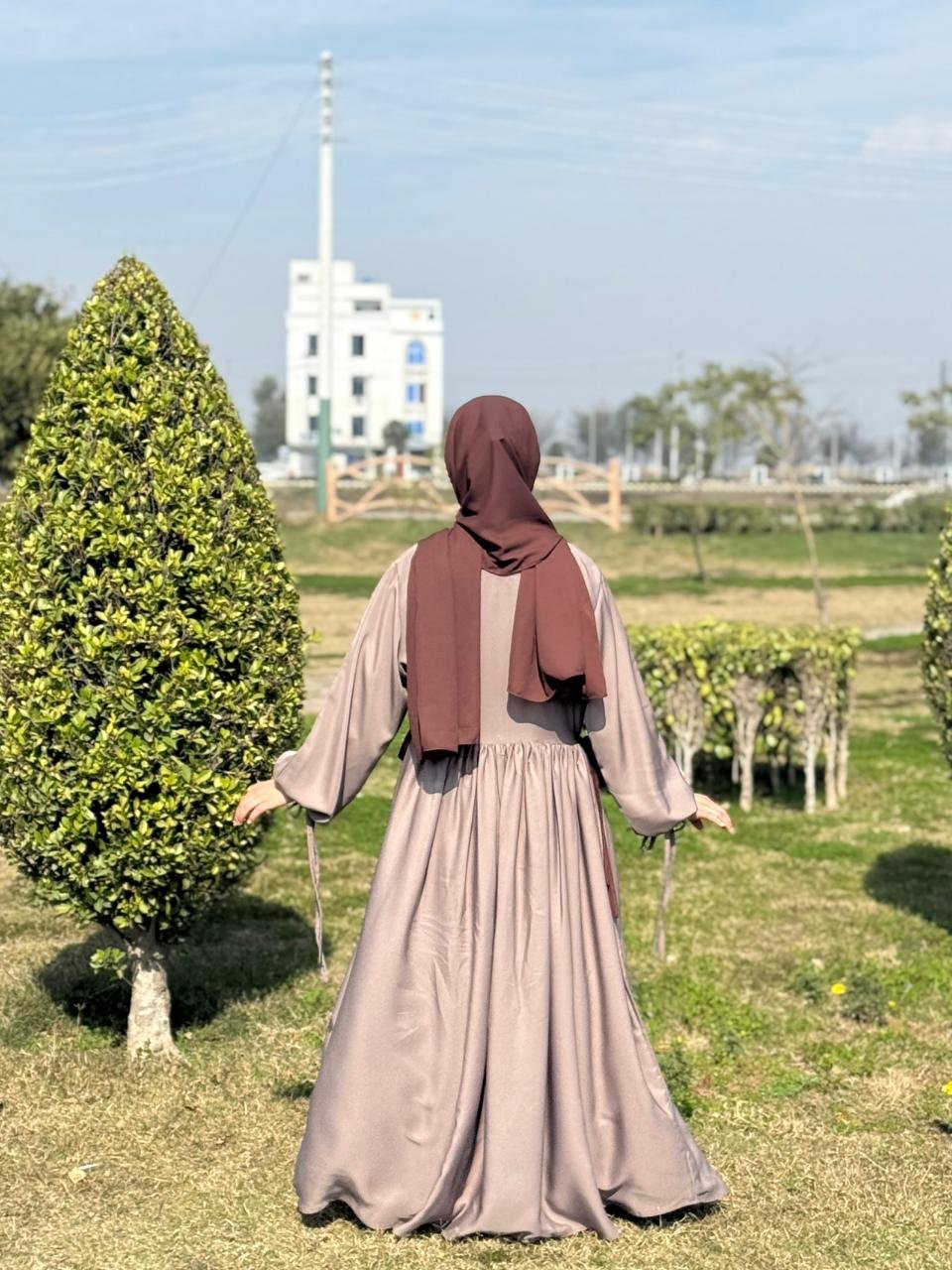 Al-Haya Grey & Brown Contrast Abaya Set