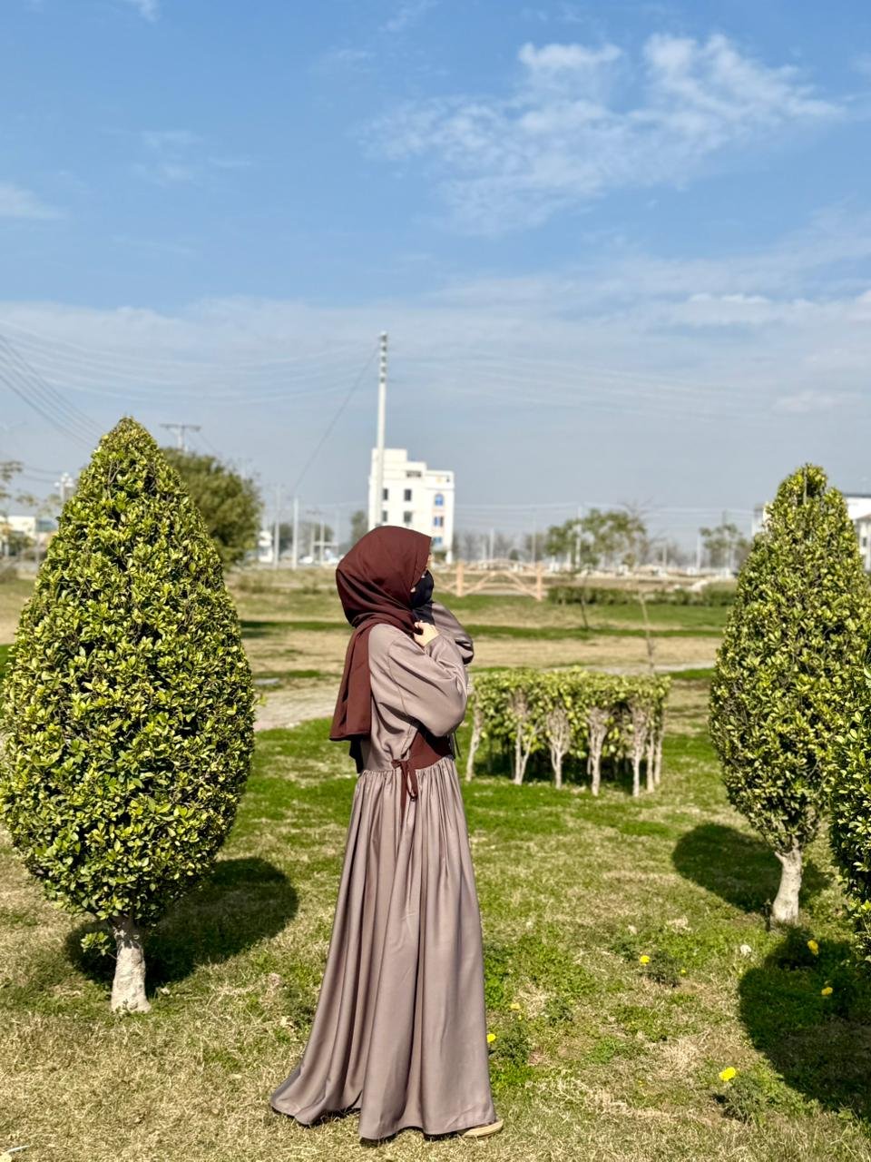 Al-Haya Grey & Brown Contrast Abaya Set