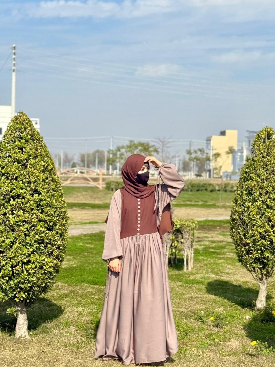 Al-Haya Grey & Brown Contrast Abaya Set